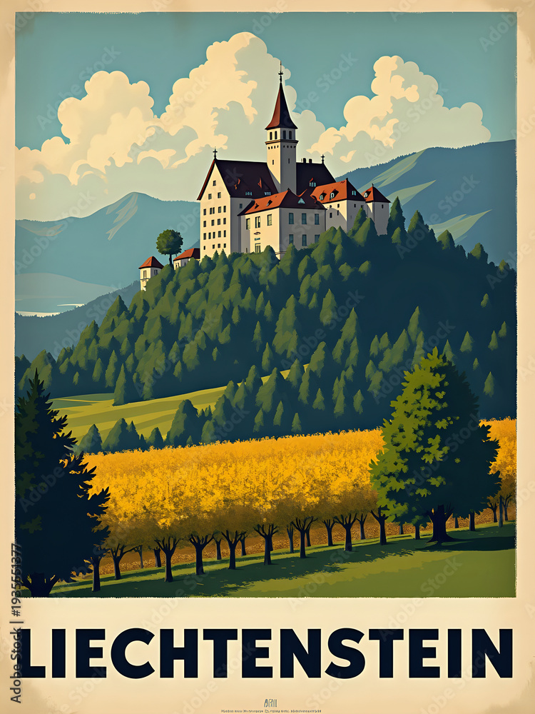 A castle stands on a high hill surrounded by green trees. Below, yellow fields stretch out. The scene shows daytime with a clear sky. Mountains are in the background.