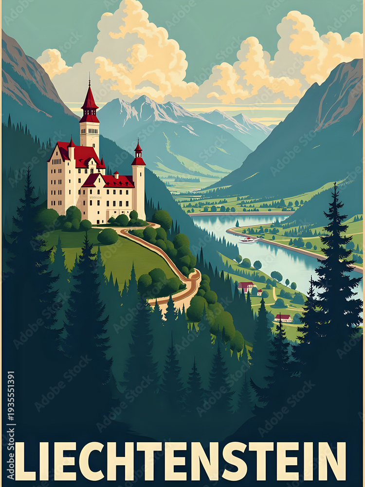 A castle stands on a hill with tall trees around it. Mountains rise in the background, and a river flows below. The sky is bright with clouds, showing a pleasant day in Liechtenstein.