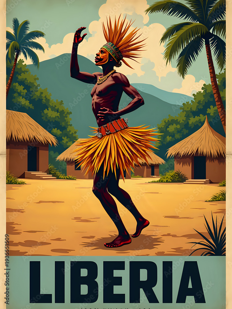 A person dances in traditional dress with a headdress in Liberia. Surrounding huts and palm trees are visible. The scene captures the culture and heritage of the area during daytime.
