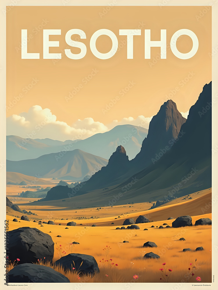 A wide valley in Lesotho shows tall mountains in the background with a clear sky. The grass in the valley appears golden, and large rocks scatter across the ground.
