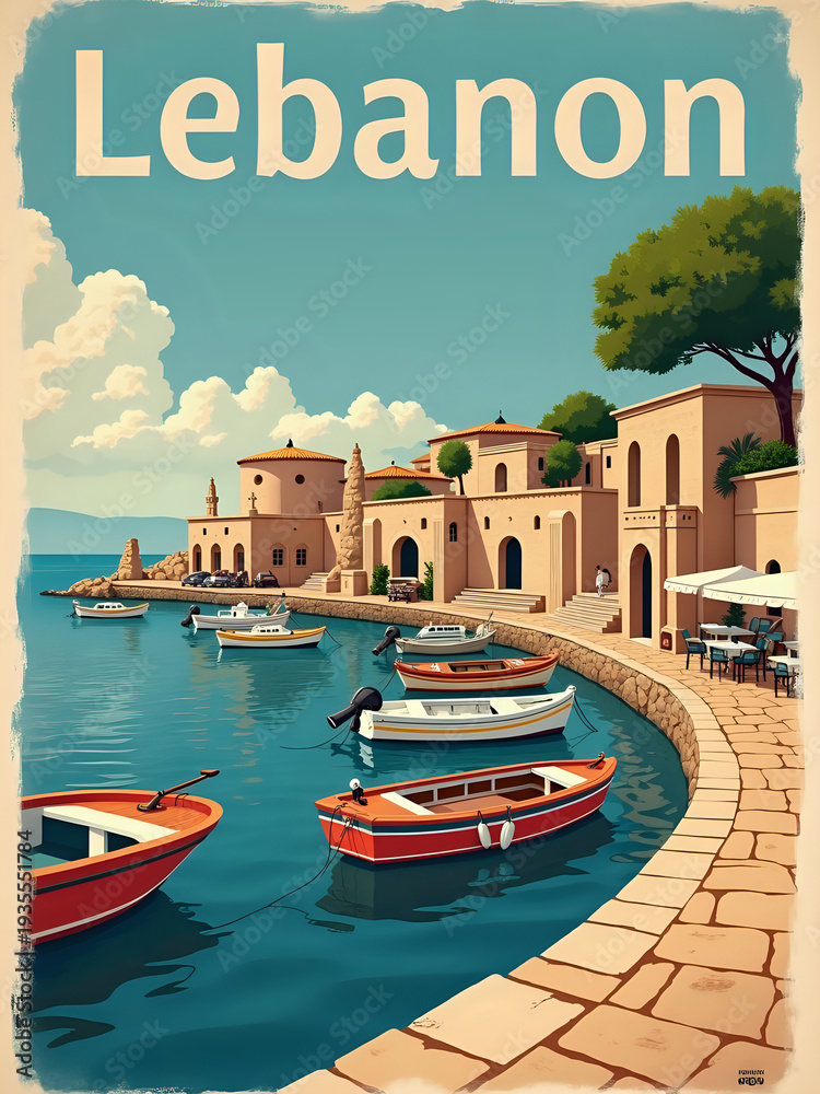 In Lebanon, a harbor scene shows small boats anchored by the shore. People walk along the waterfront. Buildings stand near the water, and outdoor seating is visible. The sky is bright.