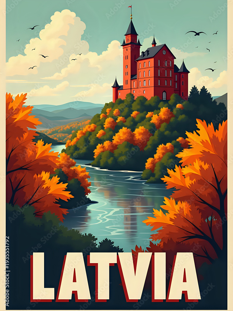 A red castle sits on a green hill by a river surrounded by orange and yellow trees. The scene shows clear blue skies and distant mountains. Birds fly above the castle.