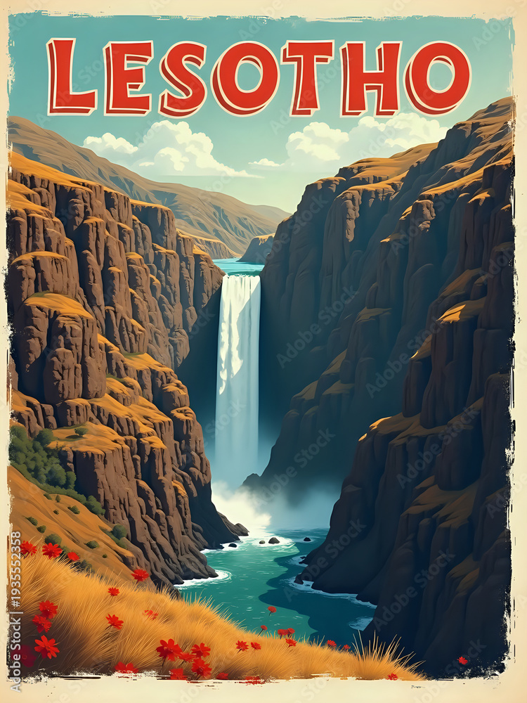 A large waterfall surrounded by tall cliffs in Lesotho. The water flows down into a river below. The landscape has grass and small red flowers in the foreground. It is bright and sunny.