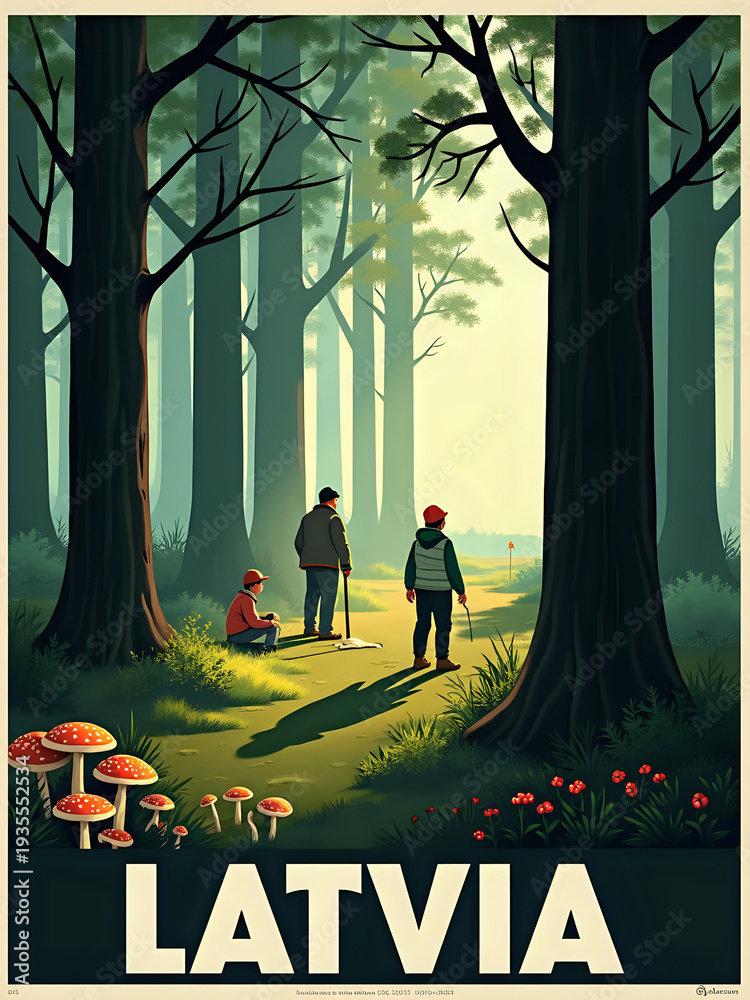 Three people stand in a forest in Latvia. Two adults and one child look around in the trees. Nearby are mushrooms and some flowers on the ground. The sun shines through the leaves.