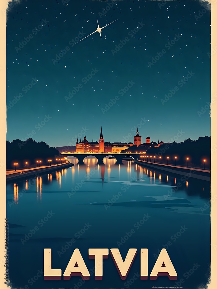 A view of the city skyline in Latvia shows buildings near a river. The sky is dark with many stars visible. The scene is calm and the water reflects the light from the stars.