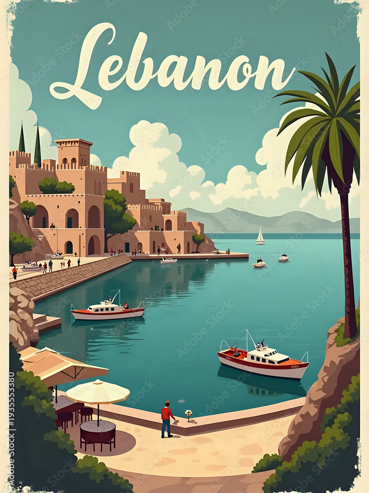 A scene shows a coastal area in Lebanon with calm waters and boats. People walk along the shore. In the background, there are high buildings and mountains. The sky has some clouds.