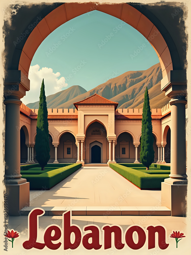 The courtyard features a large archway with green trees and shrubs. The building has stone arches and light colors. Mountains are in the background under a clear sky.