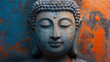 © Kiara - Blue Buddha Head Sculpture on Orange Textured Background – Zen Meditation Spiritual Art