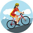 © Albachiaraa - Female cyclist climbing a mountain pass. Hand-drawn vector illustration. Flat design in red and yellow.