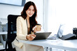© Stella 16 - Morning, coffee and woman with tablet, female office worker holding coffee cup while working with digital tablet
