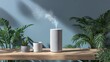© Eko - Modern air purifier with steam on wooden shelf surrounded by green plants