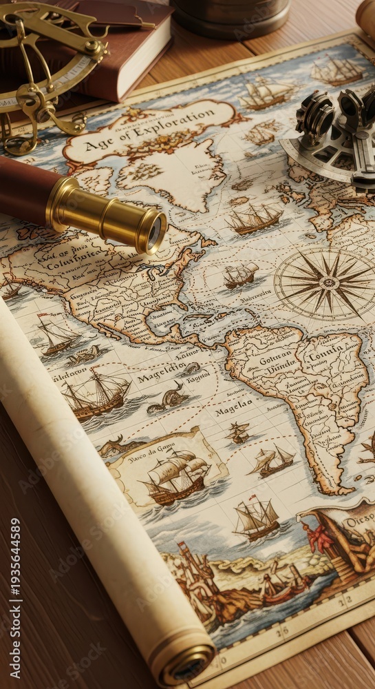 Antique navigational instruments rest upon a detailed historical world ...