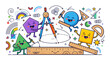 © Jangkrik - A colorful cartoon illustration of geometric shapes celebrating Pi Day with math symbols and school supplies in a fun educational setting