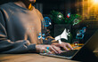 © Supatman - Digital marketing concept. Person working on laptop and advertising icons, representing online promotion, targeted marketing, customer engagement, data analytics, multichannel advertising strategy,