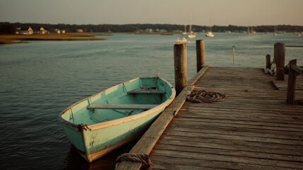 Naklejka na meble Vintage Wooden Dock with Weathered Rowboat Beside Calm Waters at Sunset
