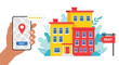 © DHS - Real estate rental apartment search app on phone with rating and location pin next to colorful residential buildings and rent sign illustrating housing market and property booking service