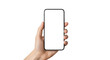 © tasu - Hand holding a smartphone with a blank white screen for mockup purposes one hand transparent background