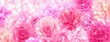 © AzeQo - ピンクのバラとカーネーションが美しく咲き誇る、キラキラとした光の粒子が舞う華やかで幻想的なフラワー背景素材。結婚式や母の日、お祝い事のバナー広告やウェブサイトのヘッダーに最適な、ロマンチックでエレガントなデザイン。