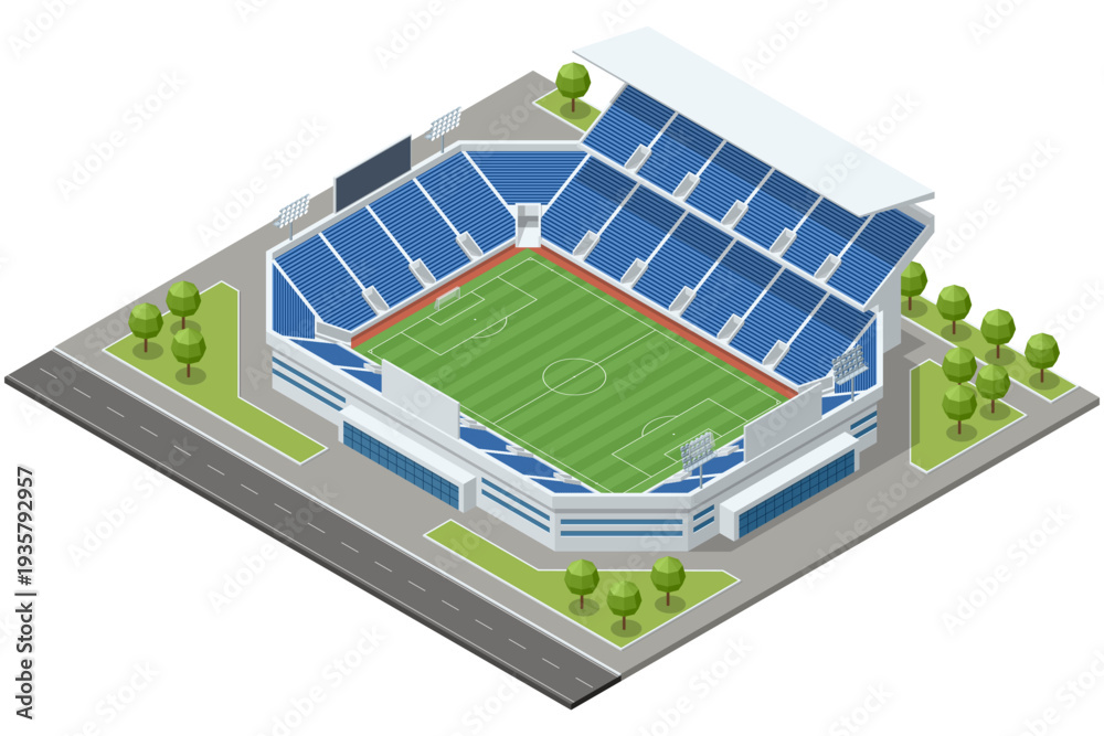 Isometric football stadium arena with green soccer field, tribune seat ...