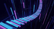 © Googl - Futuristic neon piano keyboard stairs with blue and pink glowing keys in a dark abstract environment with vertical lines and vibrant