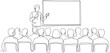 © ANIMESH - Continuous one line drawing of business speaker presenting to audience with blank presentation board in seminar concept illustration