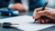 © Maryam - Man signing car insurance document or lease paper. Writing signature on contract or agreement. Buying or selling new or used vehicles. Car keys on table. Warranty or guarantee. Customer or salesman. M