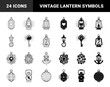 © PixeloAI - Collection of hybrid lantern symbols merging traditional lamps with metaphorical elements like clocks keys books hearts and maritime anchors in linear and solid styles