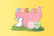 © Shootdiem - Cheerful Easter scene with bunny, decorated eggs, and bird on pastel background.