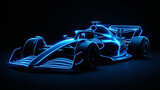 futuristic formula 1 car concept in blue neon glow highlighting the streamlined shapes and wheels of the racing vehicle in the dark background