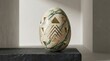 © Viandante VIsivo - A marble egg is placed on a stone base in a well-lit room. The egg has various geometric shapes cut out, allowing light to shine through