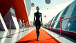 © Reyhadus - Futuristic alien walking on a red carpet runway in a modern sci fi architecture environment. Concept of extraterrestrial fashion, future culture and surreal cinematic scene.