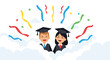 © Nure - A cheerful male and female graduate smile wearing black caps and gowns amidst white clouds with colorful confetti ribbons.