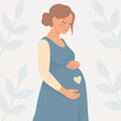 © Pixel Corner - Hand Drawn Pregnant Woman Illustration with Leaf Background, Minimalist Motherhood Maternity Vector.