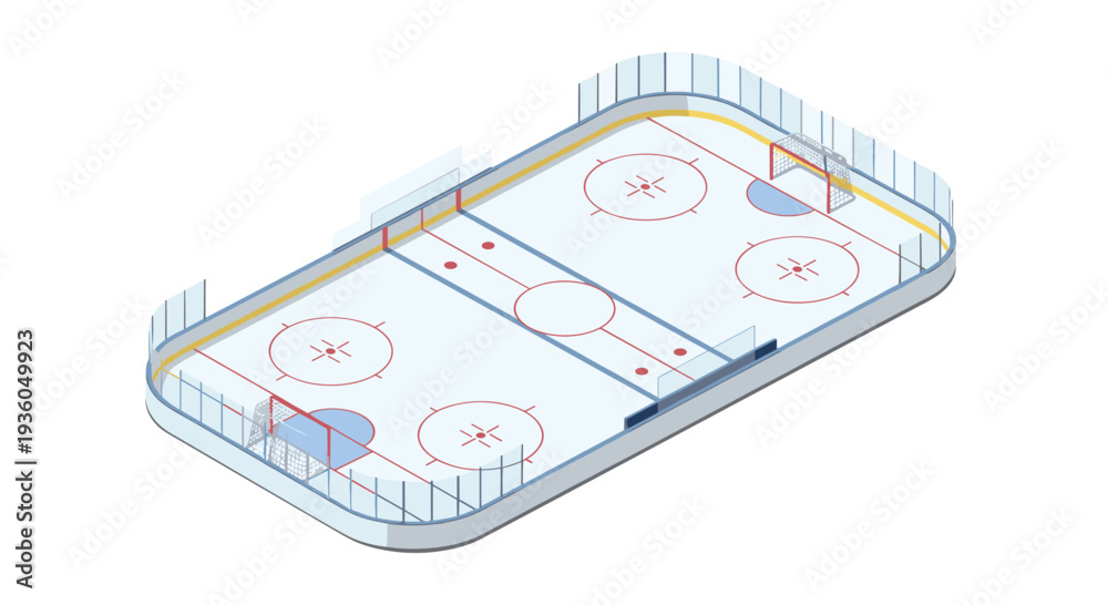 An isometric illustration displays a complete ice hockey rink featuring ...