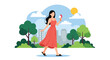 © Amie - Modern vector illustration of woman enjoying ice cream while walking in sunny park, casual summer fashion and relaxed seasonal lifestyle concept