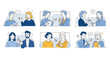 © Hikari Vector Studio - Illustration of a comic strip illustration of people talking and using their phones in various scenarios