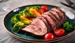 © Arif - close up sliced roast beef with vegetables on plate