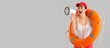 © Pixel-Shot - Female beach rescuer with lifebuoy and megaphone on grey background with space for text