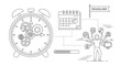 ©  lado deginer - Businessman juggling many tasks while alarm clock mechanisms turn beside a calendar and a flag marking the final deadline for project completion.