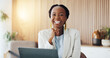 © peopleimages.com - Office, business and portrait of black woman with laptop for finance review, confidence and investment. Corporate, happy and person on computer for financial proposal, research and budget report