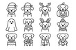© Olha - Silly Dog Costume Icons. Silly dog holiday costumes. Line outline icon set of silly dog holiday costumes: dog