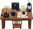 © Chico Store - Vintage office desk setup with telegraph equipment and documents on a wooden table from a front viewpoint