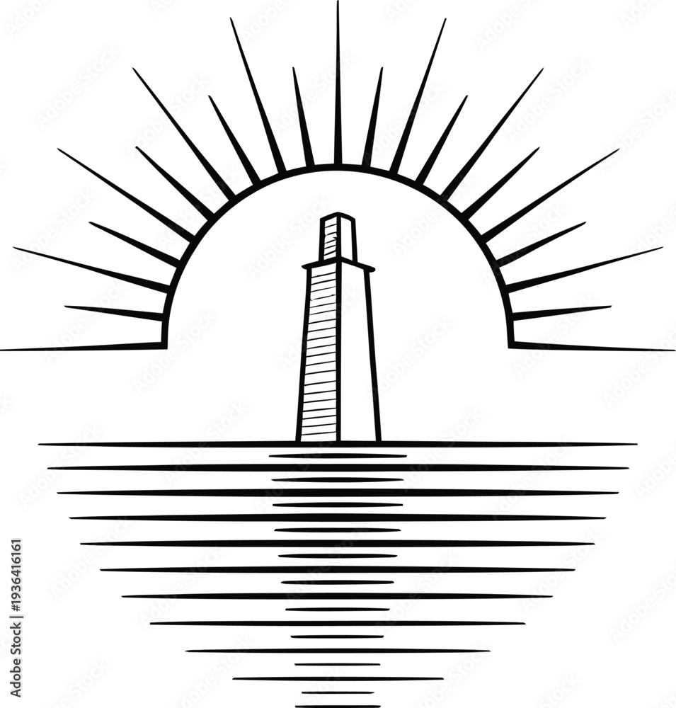 Sunset Radiating Vector Lighthouse sunset illustration with radiating sun rays and water ...