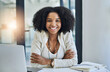 © peopleimages.com - Laptop, woman and arms crossed portrait in office for journalism career, news reporting or about us. Journalist, african person and happy with tech at media agency for publishing, editing and pride