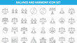 © Shahadot Creatives - Balance and harmony icon set, justice scale, meditation, yin yang, equality concept, mindfulness, leadership, social stability symbols vector