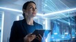© Sabrina - Professional businesswoman analyzing complex holographic data streams on a digital tablet in a futuristic office environment.