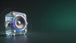 © DesignSells - Futuristic transparent cube speaker with glowing driver lit on green background