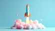 © ruangrit19 - Rocket Launch with Smoke and Light Pastel Colors Startup Concept Bright Innovative Colorful and Upward Motion.
