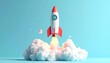 © ruangrit19 - Rocket Launch Illustration Symbolizing Business Startup and Innovation on Blue Background.