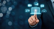 © pond - Advanced digital communication and video conferencing concept with glowing laptop icon.